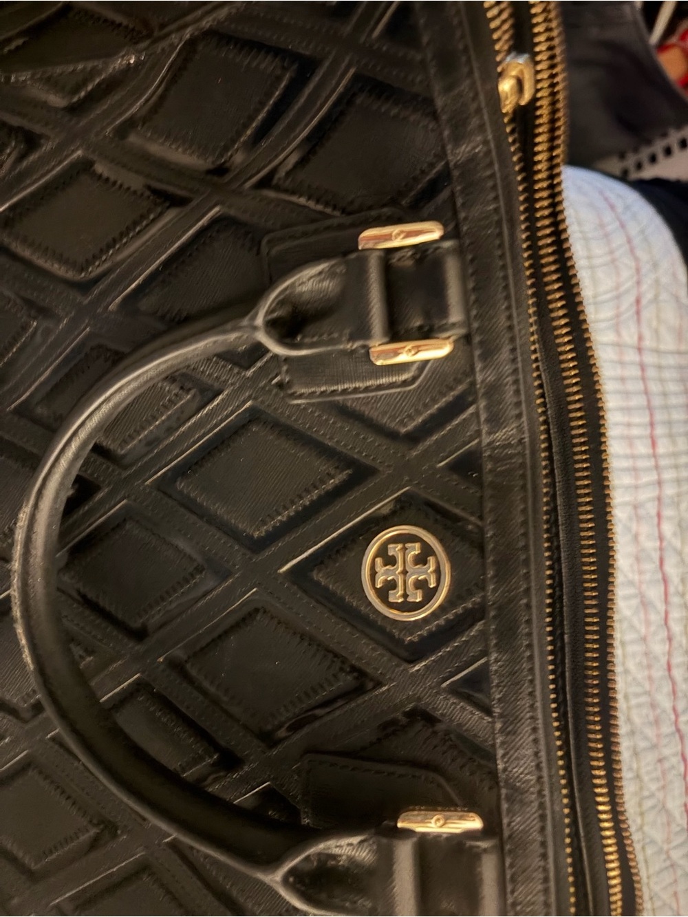 Tory Burch Black Quilted Patchwork Satchel with Gold Hardware